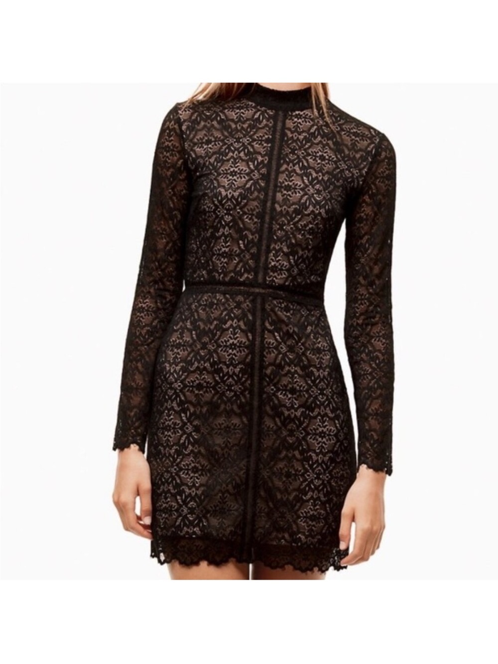 New Wilfred Aritzia Janvry Black Nude Lace Long-Sleeve Mini Dress - Picture 3 of 14